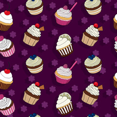 Colorful cupcake vector seamless pattern with dark purple background
