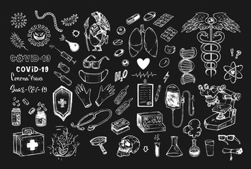 Medical icons with coronavirus Covid-19, lungs, vaccine and pills, hospital or laboratory equipment on black background. Set of Healthcare symbols chalk drawing style doodles vector illustration