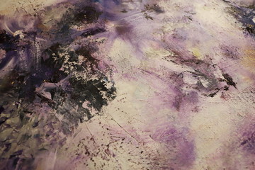 Purple black and white oil painting with flakes. Drops, lines, arrows, flowers close up. Horizontal and vertical photos. Background