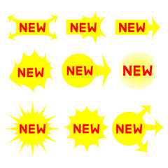 Sticker icons with text "New". Set of the new tags, banners. Yellow labels with direction arrows. Product stickers with offer. Abstract badges in yellow color isolated on white background