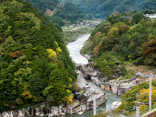 Fototapeta na wymiar View of Nezame no Toko Gorge in scenic Kiso valley - Nagano prefecture, Japan