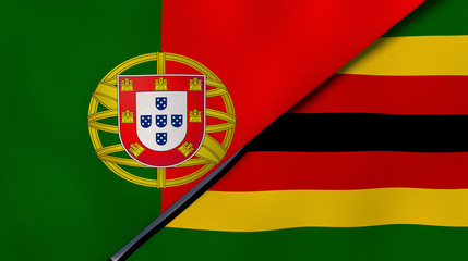The flags of Portugal and Zimbabwe. News, reportage, business background. 3d illustration
