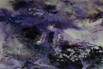 Purple black and white oil painting with flakes. Drops, lines, arrows, flowers close up. Horizontal and vertical photos. Background