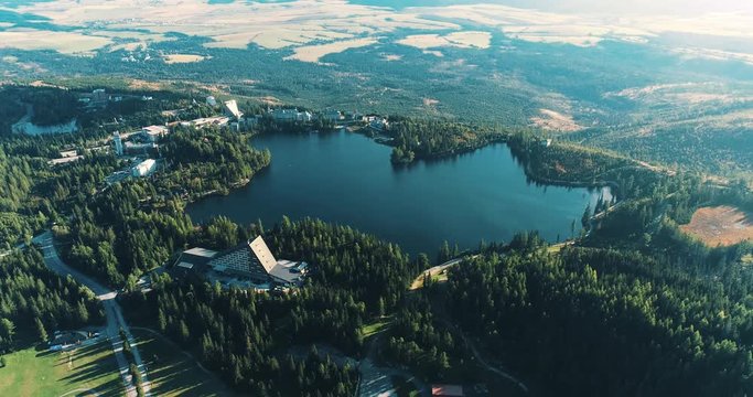 Summer aerial view of Strbske Pleso resort in High Tatras mountains, Slovakia. Amazing 4k view of the lake in mountains.