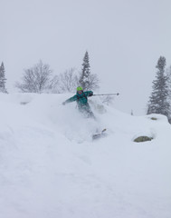 Freerider is buried in fresh snow, turning and jumping between the trees. freeride skiing in deep...