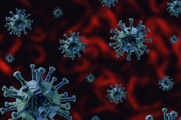 Fototapeta na wymiar Coronavirus 2019-nCoV COVID-19 on bloody background. Coronavirus epidemic. 3d render