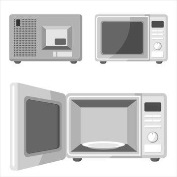 Microwave oven isolated on white. Sides top back and open closed door. Flat vector illustration