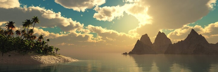 Beautiful panorama of the ocean sunset, sea sunset, beach with palm trees on the background of a rocky island, 3d rendering
