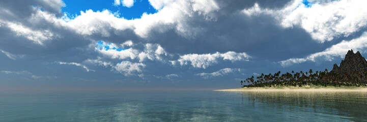 Beautiful panorama of the ocean sunset, sea sunset, beach with palm trees on the background of a rocky island, 3d rendering