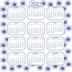 Design calendar 2021 year in trendy ornamental style. Stationery planner template. Vector illustration. Week starts on Monday. Set of 12 months. Made in blue and white colors