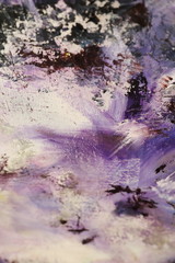 Purple black and white oil painting with flakes. Drops, lines, arrows, flowers close up. Horizontal and vertical photos. Background