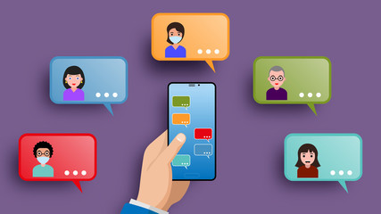 Chat messages on smartphone , flat design speech bubbles on mobile phone screen , vector illustration .