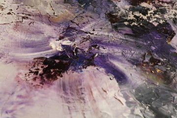 Purple black and white oil painting with flakes. Drops, lines, arrows, flowers close up. Horizontal and vertical photos. Background