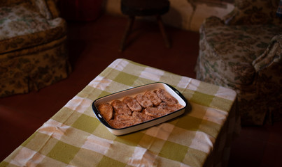 Typical Spanish torrijas. Traditional sweet typical of Easter. Dish on a rustic tablecloth in a rural setting.