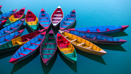 Colorful Boats Moored On Lake