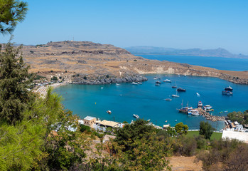 Panoramic view on cue lagoon near Lindos town, Rhodes island, Greece