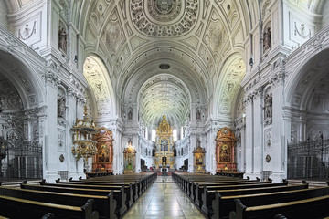 Interior of St. Michael's Church (Michaelskirche) in Munich, Germany. The church was built by William V, Duke of Bavaria in 1583-1597. It is the largest Renaissance church north of the Alps. - 337806139