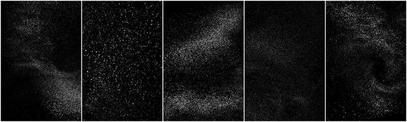Set of distressed white grainy texture. Dust overlay textured. Grain noise particles. Snow effects pack. Rusted black background. Vector illustration, EPS 10.   