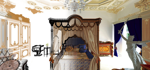 Wireframe luxuriously decorated rococo style room, bedroom, Byzantine gold and sculptures, draft, 3d rendering, 3d illustration