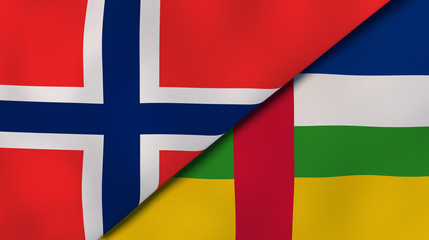 The flags of Norway and Central African Republic. News, reportage, business background. 3d illustration