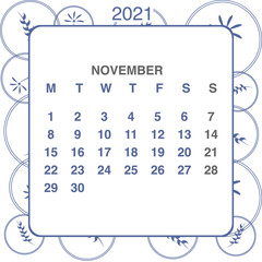 Design calendar 2021 year in trendy ornamental style. Stationery planner template. Vector illustration. Week starts on Monday. Set of 12 months. Made in blue and white colors