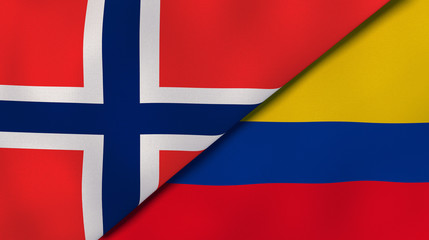 The flags of Norway and Colombia. News, reportage, business background. 3d illustration