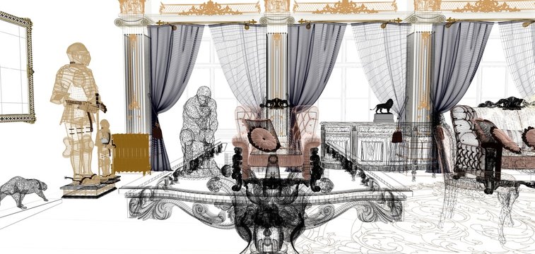 Wireframe luxuriously decorated rococo style room, living room, Byzantine gold and sculptures, draft, 3d rendering, 3d illustration