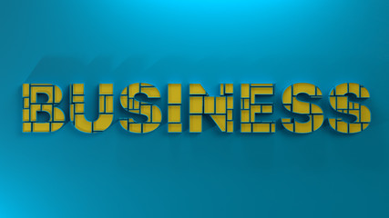 3d render yellow word business made of random blocks of cubes with a blue stroke on a blue background.  