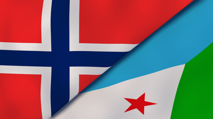 The flags of Norway and Djibouti. News, reportage, business background. 3d illustration