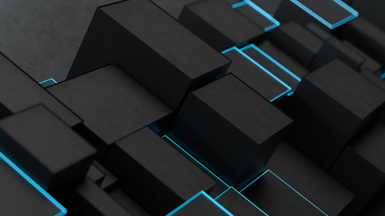 3d render black random blocks of cubes with a blue neon glow and a black stroke. Abstract background.