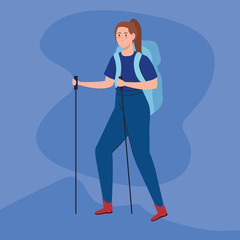 young woman walking with climbing sticks vector illustration design