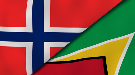 The flags of Norway and Guyana. News, reportage, business background. 3d illustration