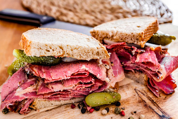 Pastrami Sandwich on wooden board