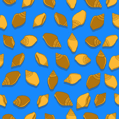 Seashells seamless pattern on a blue background