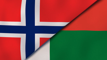 The flags of Norway and Madagascar. News, reportage, business background. 3d illustration