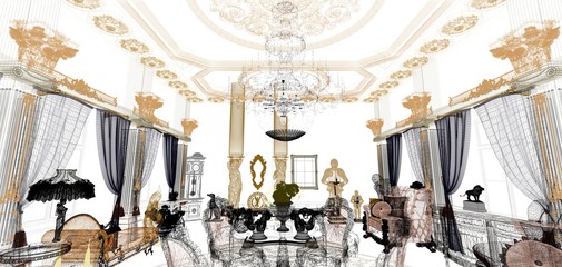 Fototapeta na wymiar Wireframe luxuriously decorated rococo style room, living room, Byzantine gold and sculptures, draft, 3d rendering, 3d illustration