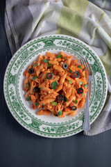Pan Arrabiata Pasta on a dark background