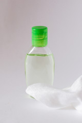 Bottle of hand sanitizer, antimicrobial liquid gel, germ prevention or antibacterial hygiene