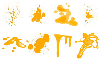 Fototapeta premium Set of yellow splash, drops and stains paint brushes. Beautiful paint brushes. Paint illustration