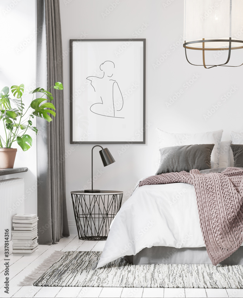 Wall mural 3d rendering of a white scandinavian bedroom with ceiling lamp, a monstera plant and a big art frame