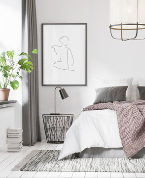 3d rendering of a white Scandinavian bedroom with ceiling lamp, a monstera plant and a big art frame	
