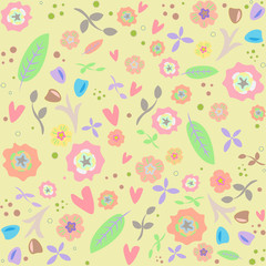 Floral seamless pastel color pattern background. Hand drown doodle style. For dress fabric, T shirt print, postcard, banners