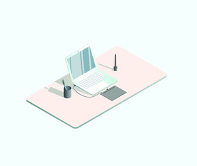 Flat isometric 3d technology designer minimal workspace. Concept vector illustration of designer, illustrator, creator work desk.  Office workplace with modern technologies: laptop, graphic tablet.