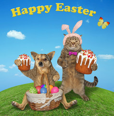 The beige cat in pink bunny ears and the dog are sitting with a easter cakes and a wicker basket of colorful eggs on grass in the meadow. Happy easter.