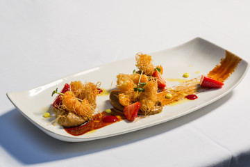 Citrus and almond prawns wrapped in kunafa pastry