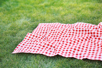 Red checkered tablecloth on green grass empty copy space,red picnic cloth food advertisement design.