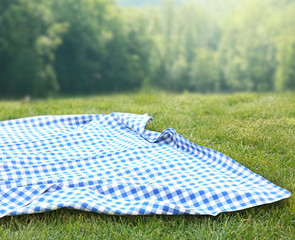 Blue checkered picnic cloth on green grass background,empty space food advertisement backdrop.