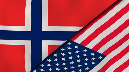 The flags of Norway and United States. News, reportage, business background. 3d illustration