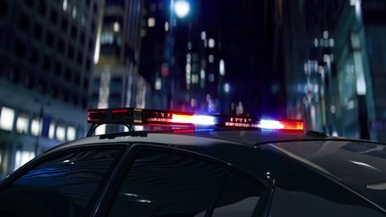 Police lights flashing in the city, modern police car on patrol, cops on patrol