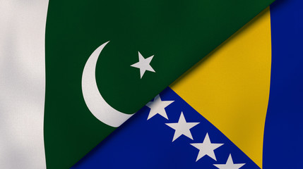 The flags of Pakistan and Bosnia and Herzegovina. News, reportage, business background. 3d illustration - obrazy, fototapety, plakaty